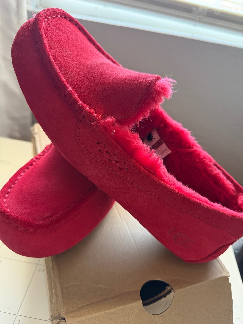 UGG Red Suede Shearling-Lined Moccasins